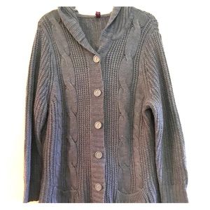 Long, gray hooded cardigan sweater.